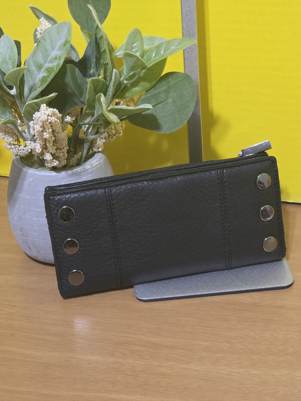 Black Leather Wallet Phone Case with Snap Accents